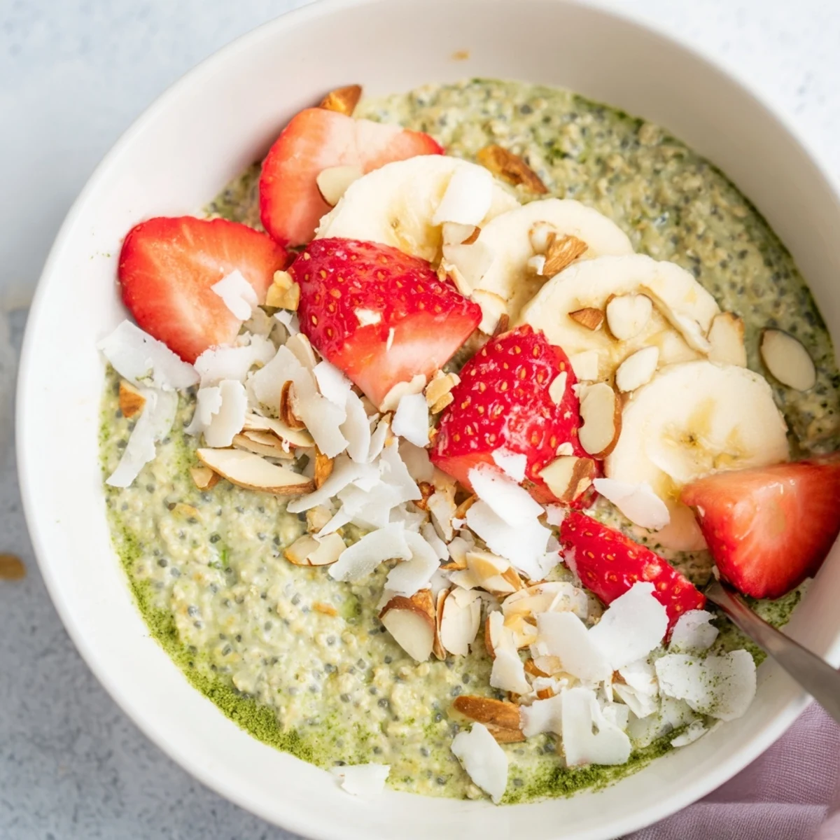 Creamy Matcha Protein Overnight Oats in a clear jar, topped with fresh berries and sliced banana.