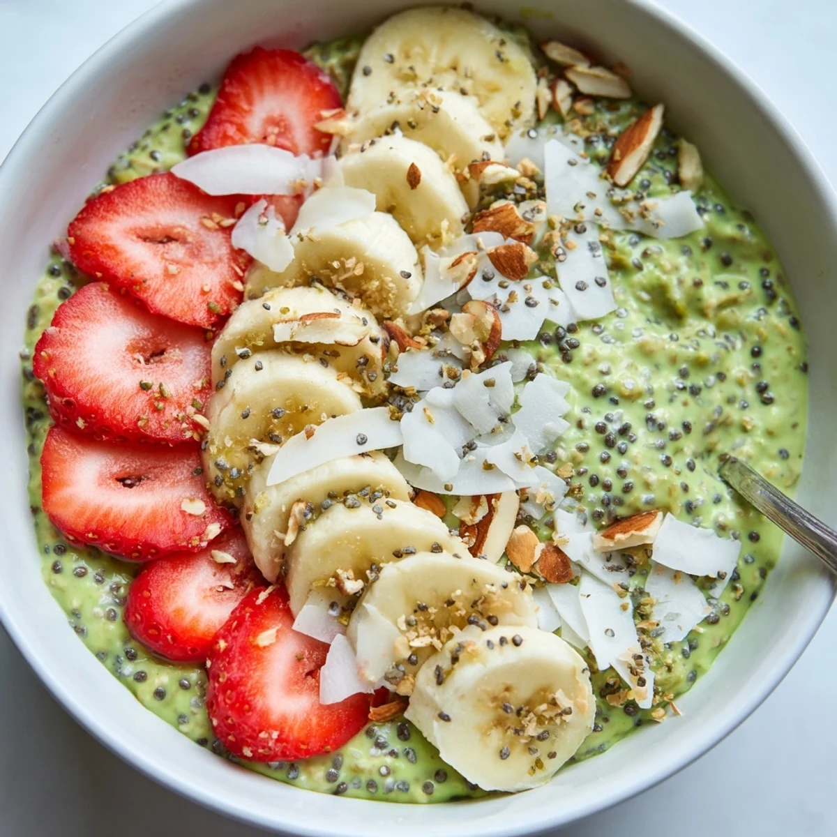 Cold Matcha Protein Overnight Oats garnished with fresh berries and banana slices, ready for a quick breakfast.