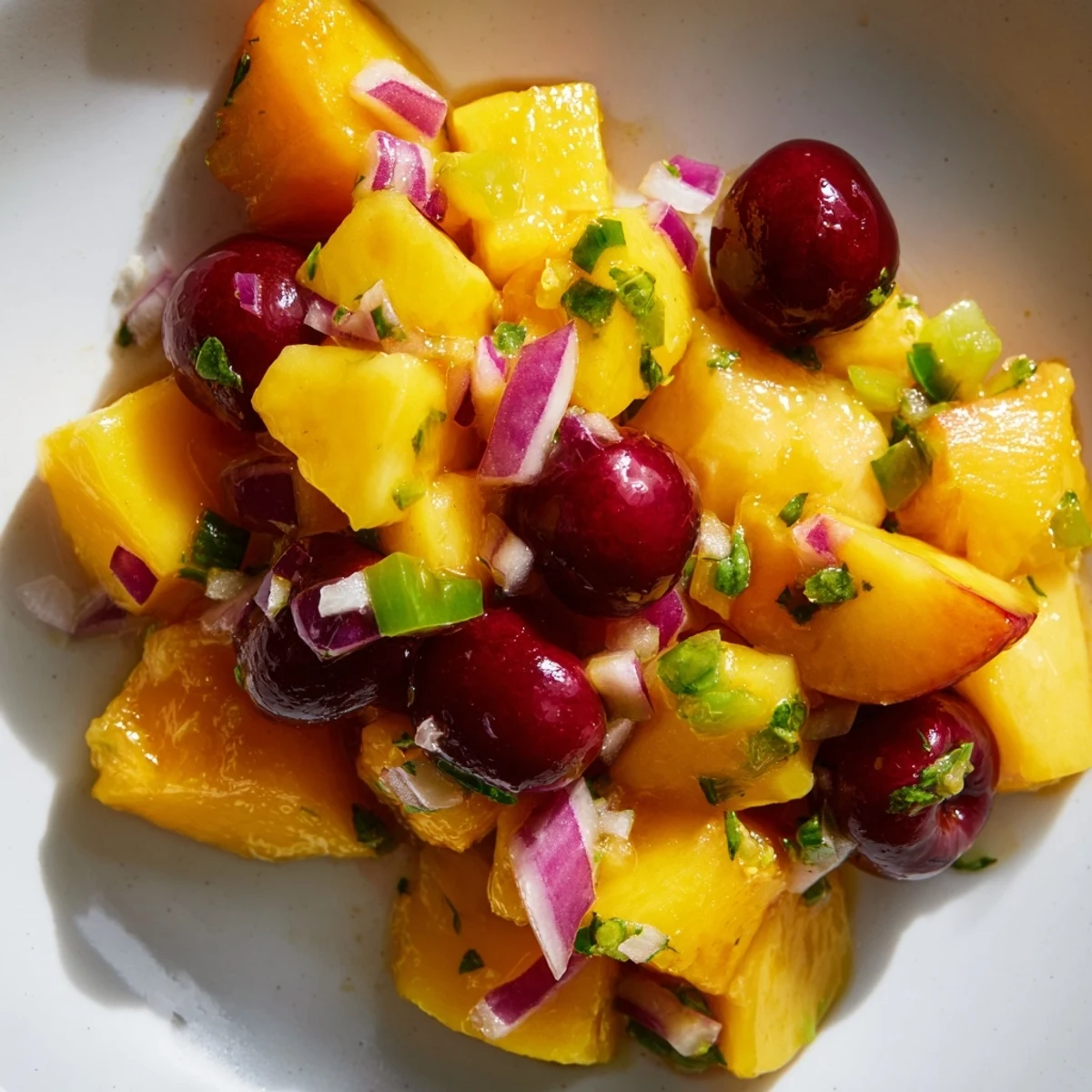 Bright chunks of juicy peaches and sweet cherries mingle with diced red onion and jalapeño in this Healthy Peach Cherry Salsa, garnished with fresh cilantro.