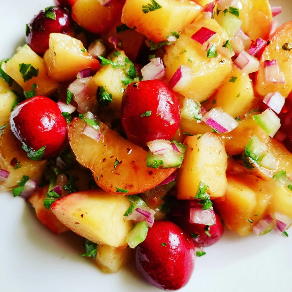 Fresh diced bell pepper and a squeeze of lime add vibrant color and tangy aroma to this bowl of homemade Healthy Peach Cherry Salsa.