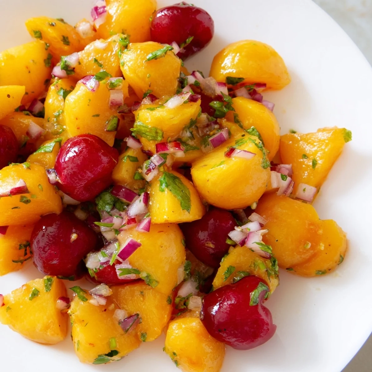 A close-up view shows Healthy Peach Cherry Salsa in a white bowl, ready to be scooped up with crunchy tortilla chips for a zesty appetizer.