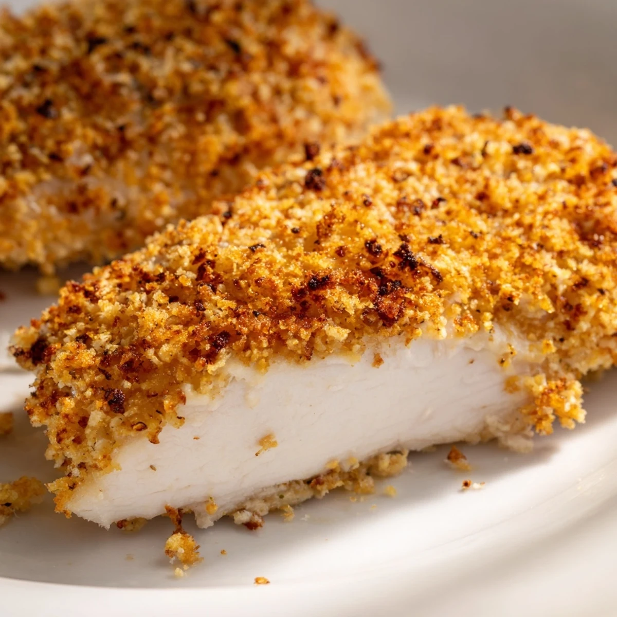 Golden-brown Baked Garlic Parmesan Chicken fresh from the oven, displaying a crispy, savory crust on juicy chicken breasts.  