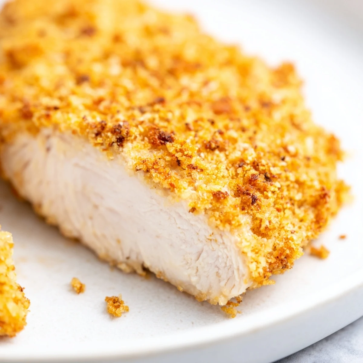 Close-up view of Baked Garlic Parmesan Chicken highlighting the crunchy Parmesan and breadcrumb coating on tender meat.