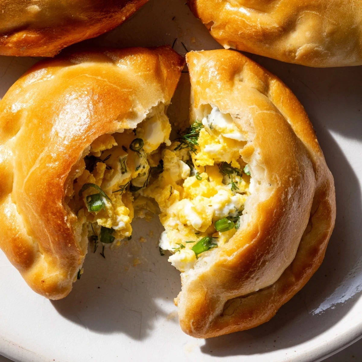 Golden-brown Cheesy Egg and Cheese Piroshki fresh from the oven on a rustic wood table.