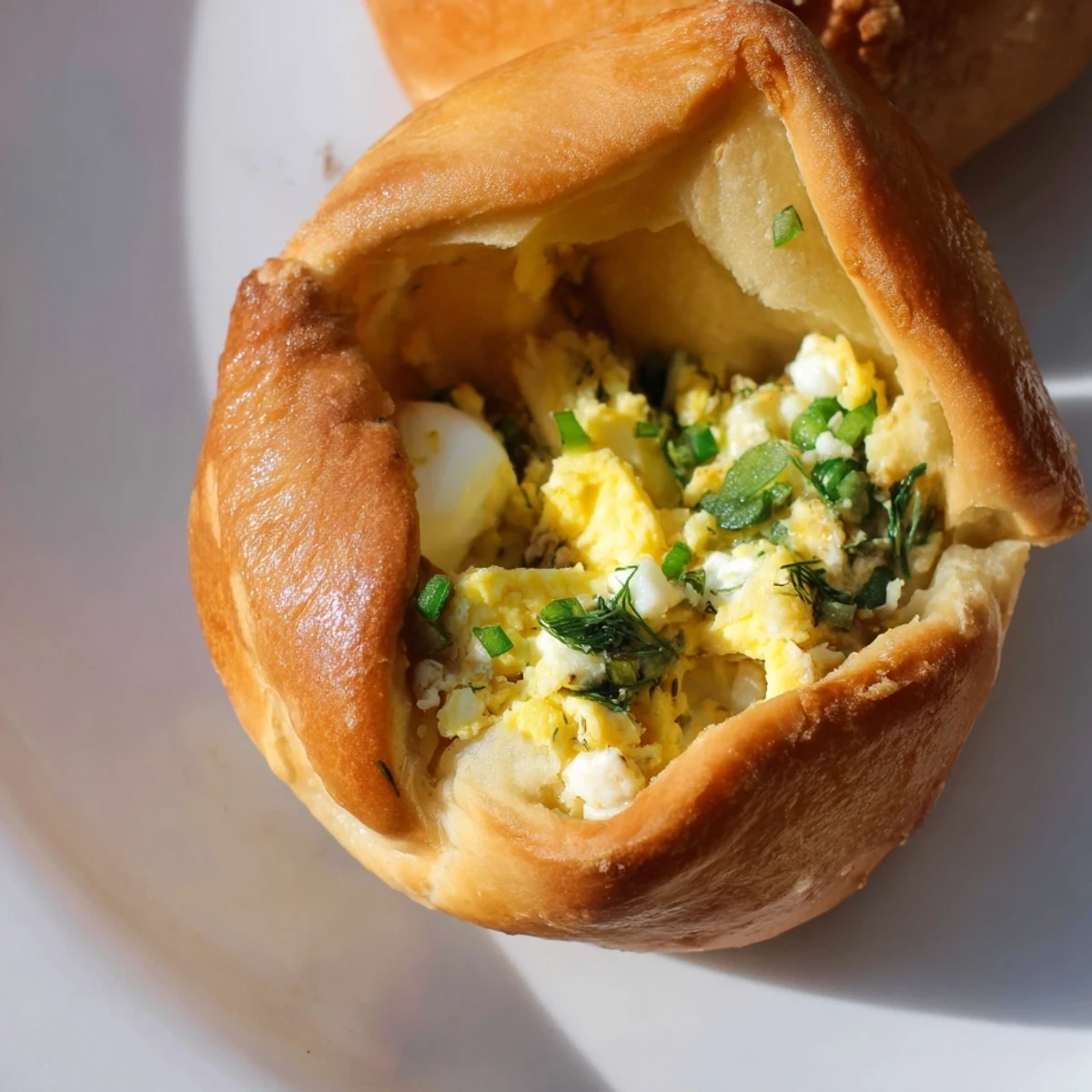 A close-up of Cheesy Egg and Cheese Piroshki with a steaming filling on a white plate.