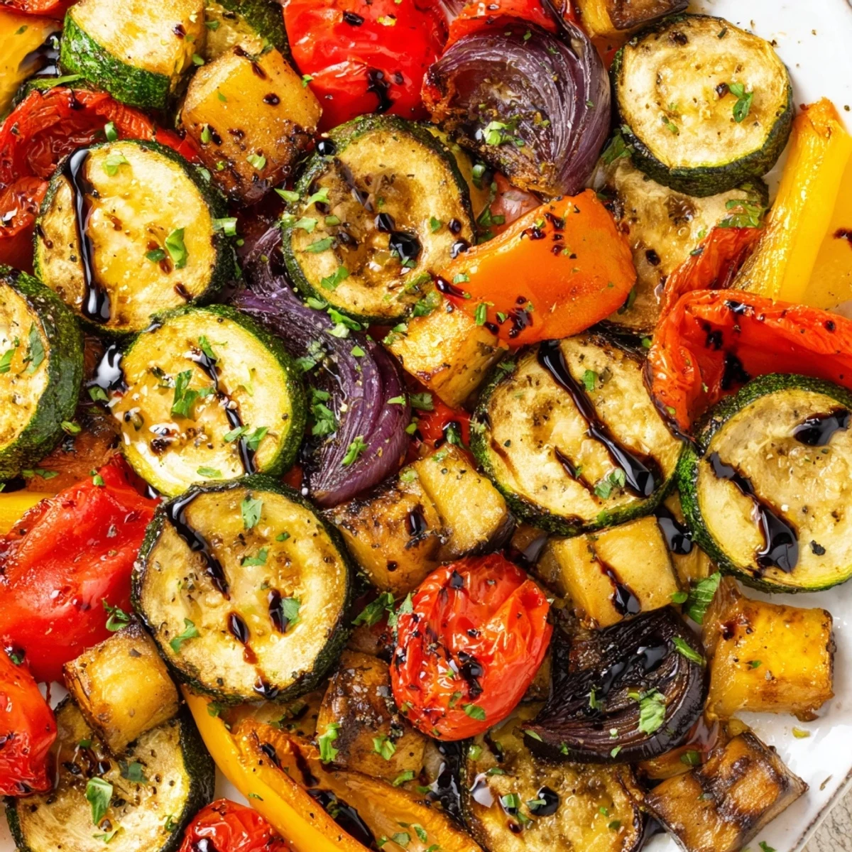 Fresh Italian Roasted Vegetables arranged on a platter, with tender eggplant, zucchini, and peppers garnished with parsley.