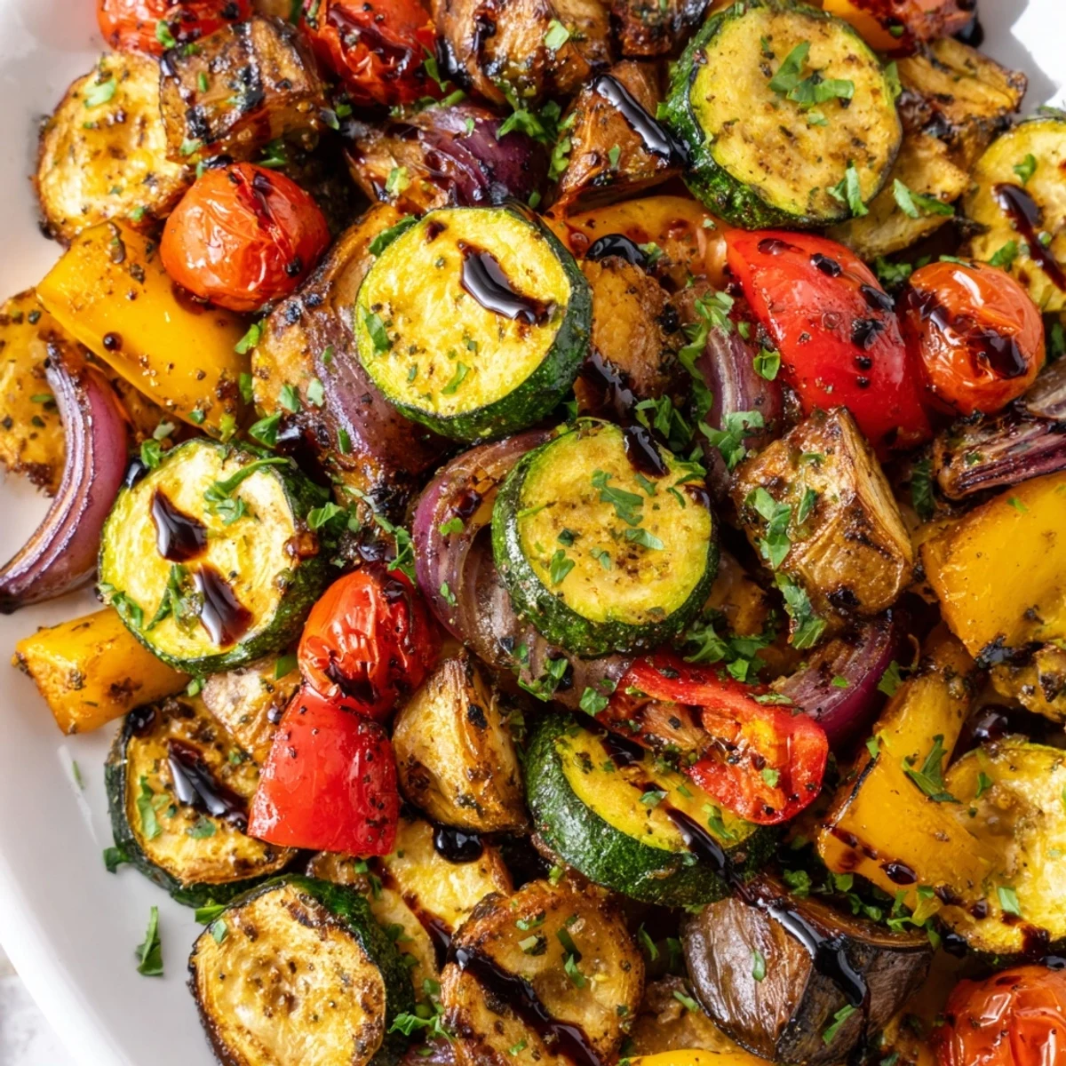 Roasted Italian Roasted Vegetables served warm, drizzled with balsamic glaze and herbs, making a healthy vegan side dish.