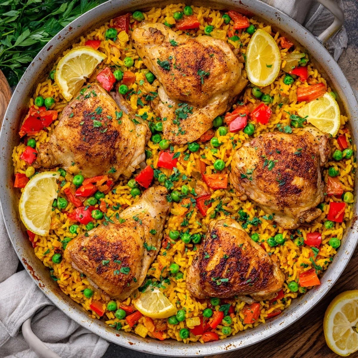 Golden-brown chicken thighs with crispy skin rest atop vibrant saffron-infused One Pan Spanish Chicken and Rice Bake with red and yellow bell peppers.