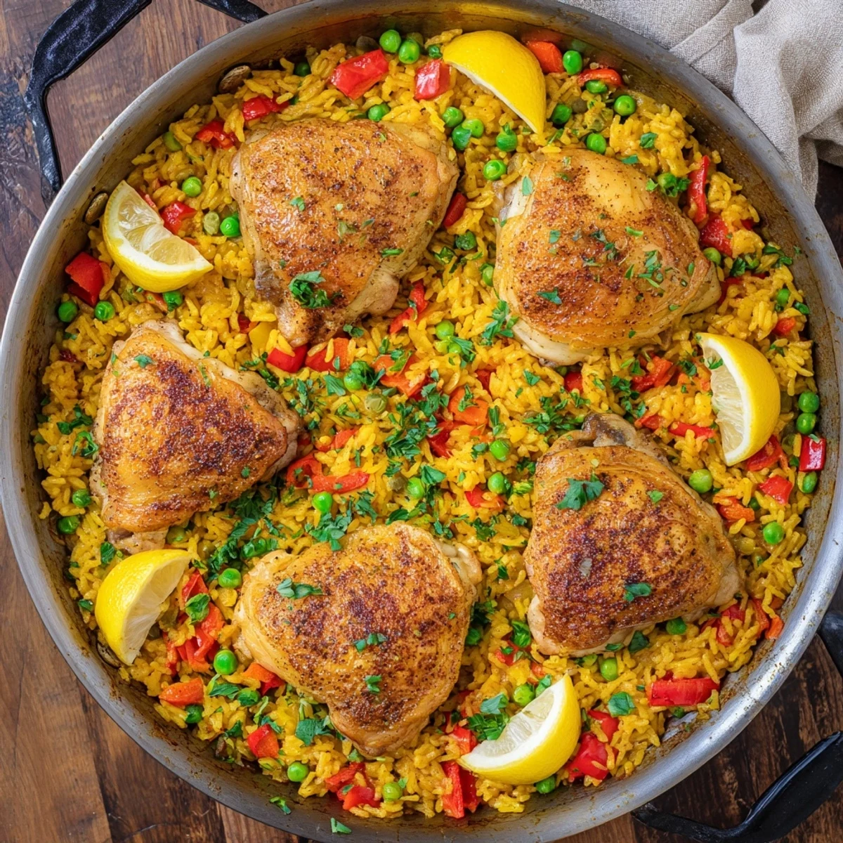 Steam rises from a skillet of One Pan Spanish Chicken and Rice Bake featuring tender chicken thighs, fluffy rice, peas, and diced tomatoes.
