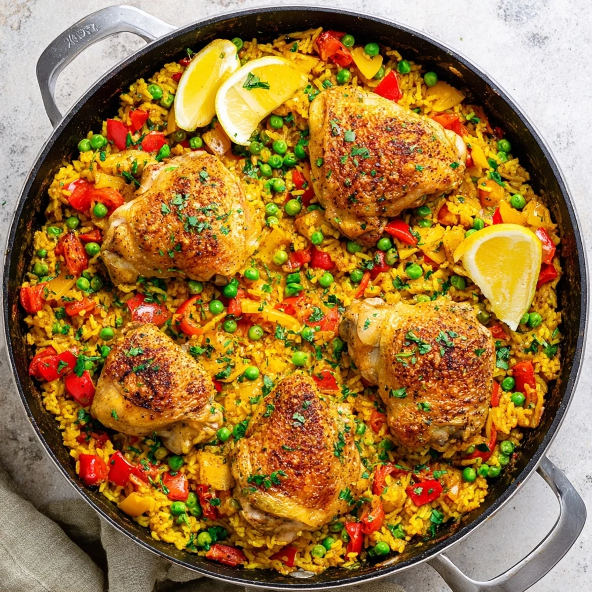 A close-up view shows the juicy One Pan Spanish Chicken and Rice Bake garnished with fresh parsley and served with lemon wedges for squeezing.