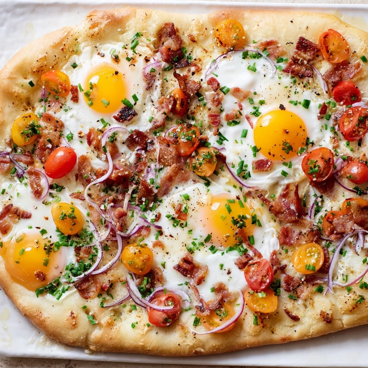 Fluffy Breakfast Focaccia topped with eggs, crispy bacon, and fresh herbs served warm on a board.  