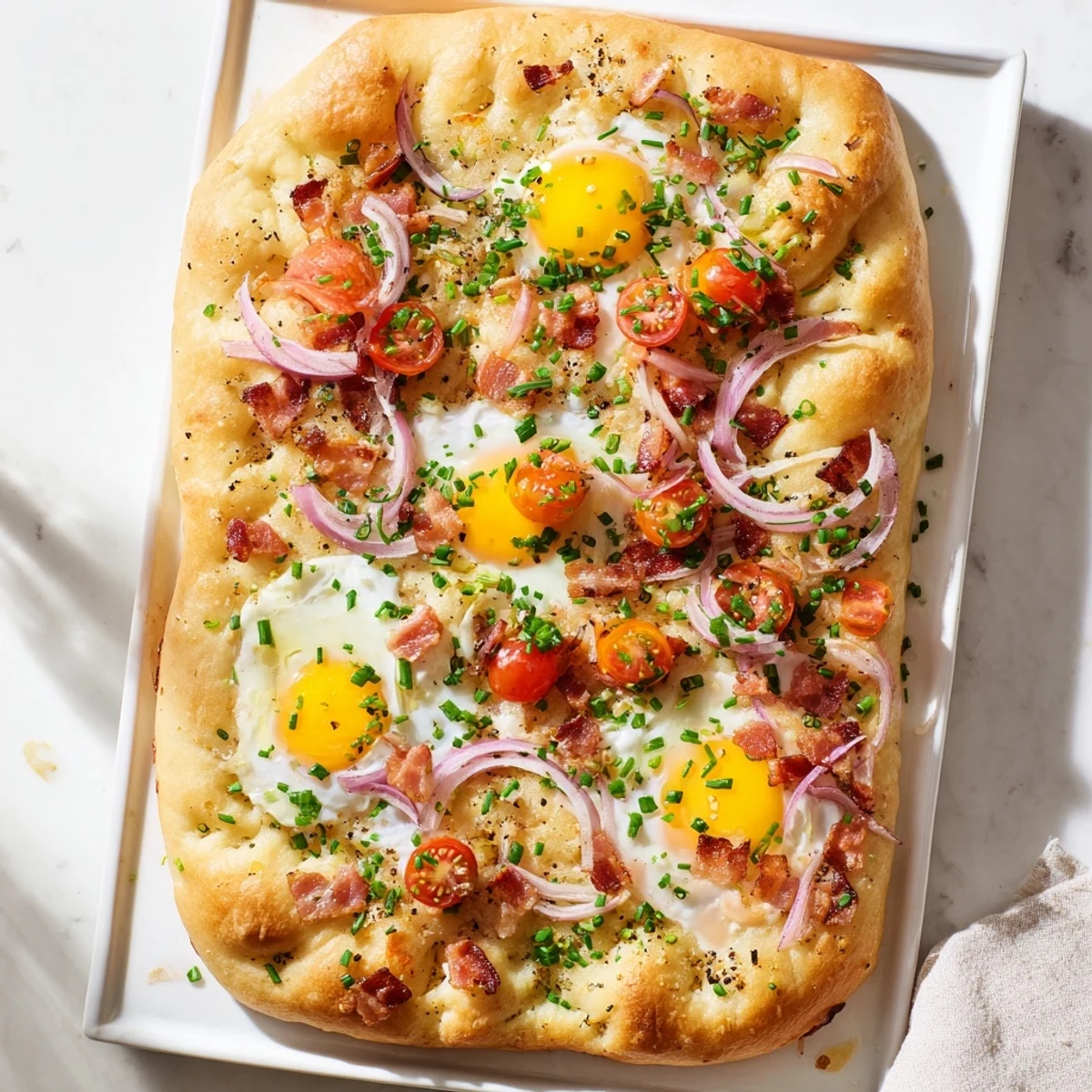 Slice of Breakfast Focaccia with runny yolk eggs, crispy bacon, and herbs for a savory brunch.