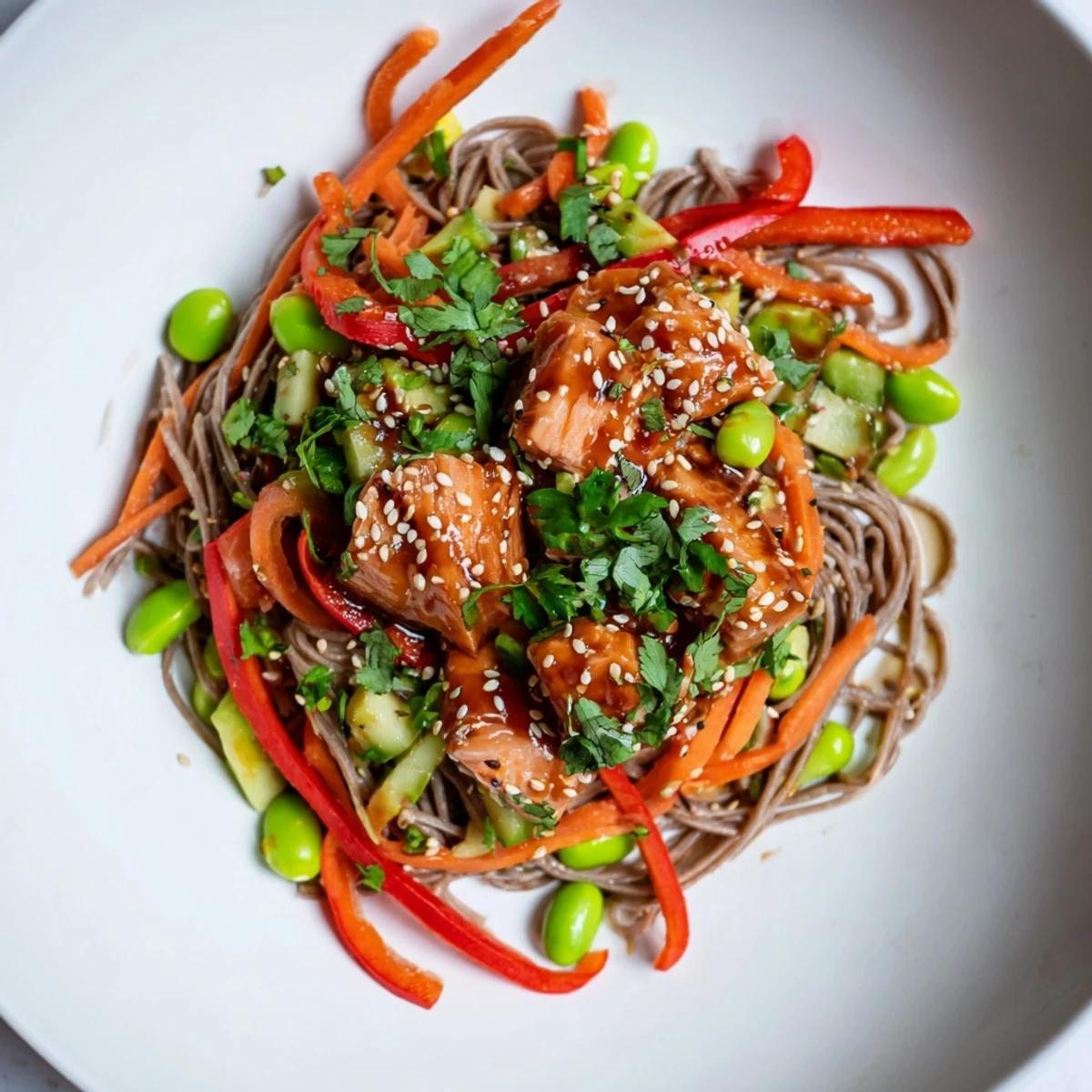 Glazed teriyaki salmon rests atop buckwheat soba noodles with crisp veggies, dressed in sesame-lime dressing.