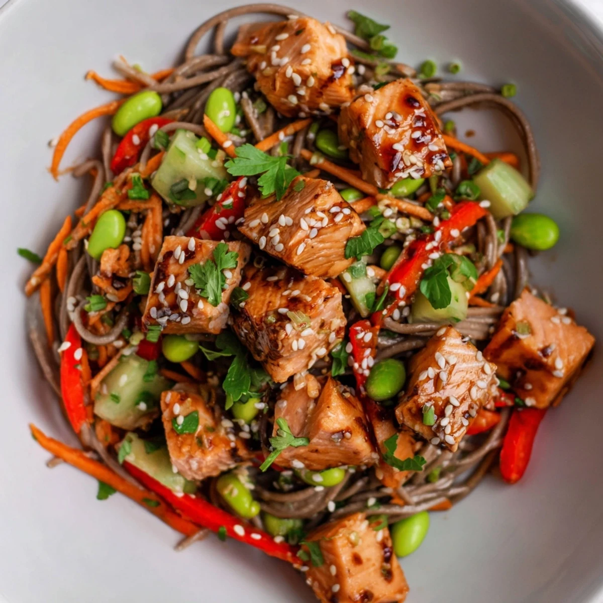 A vibrant bowl of teriyaki salmon soba noodle salad with edamame and cilantro garnish on a plate.