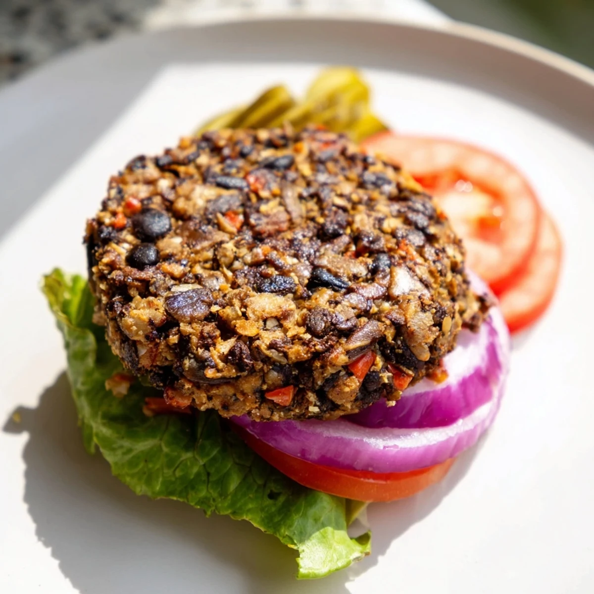Four freshly cooked Mushroom Veggie Burgers arranged on a plate with a side of sweet potato fries.