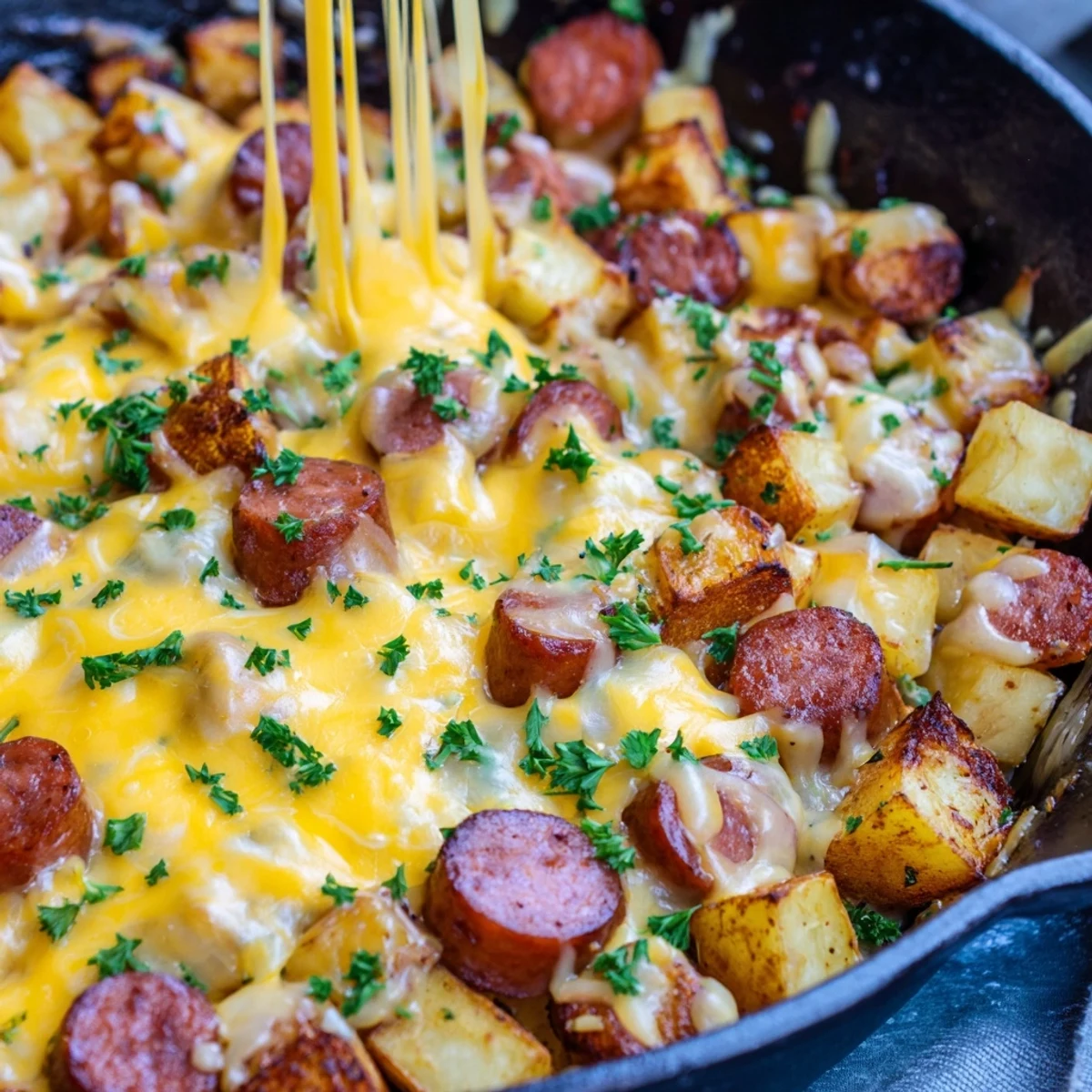 Cheesy Sausage and Potato Skillet Bake fresh from the oven in a cast iron pan.