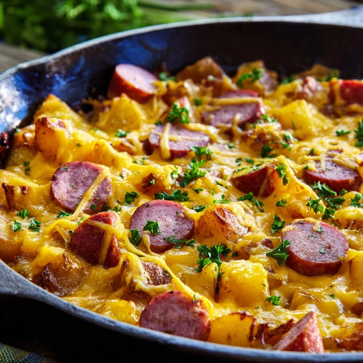Golden bubbling cheddar tops a sizzling skillet of diced potatoes and browned sausage, ready to serve.