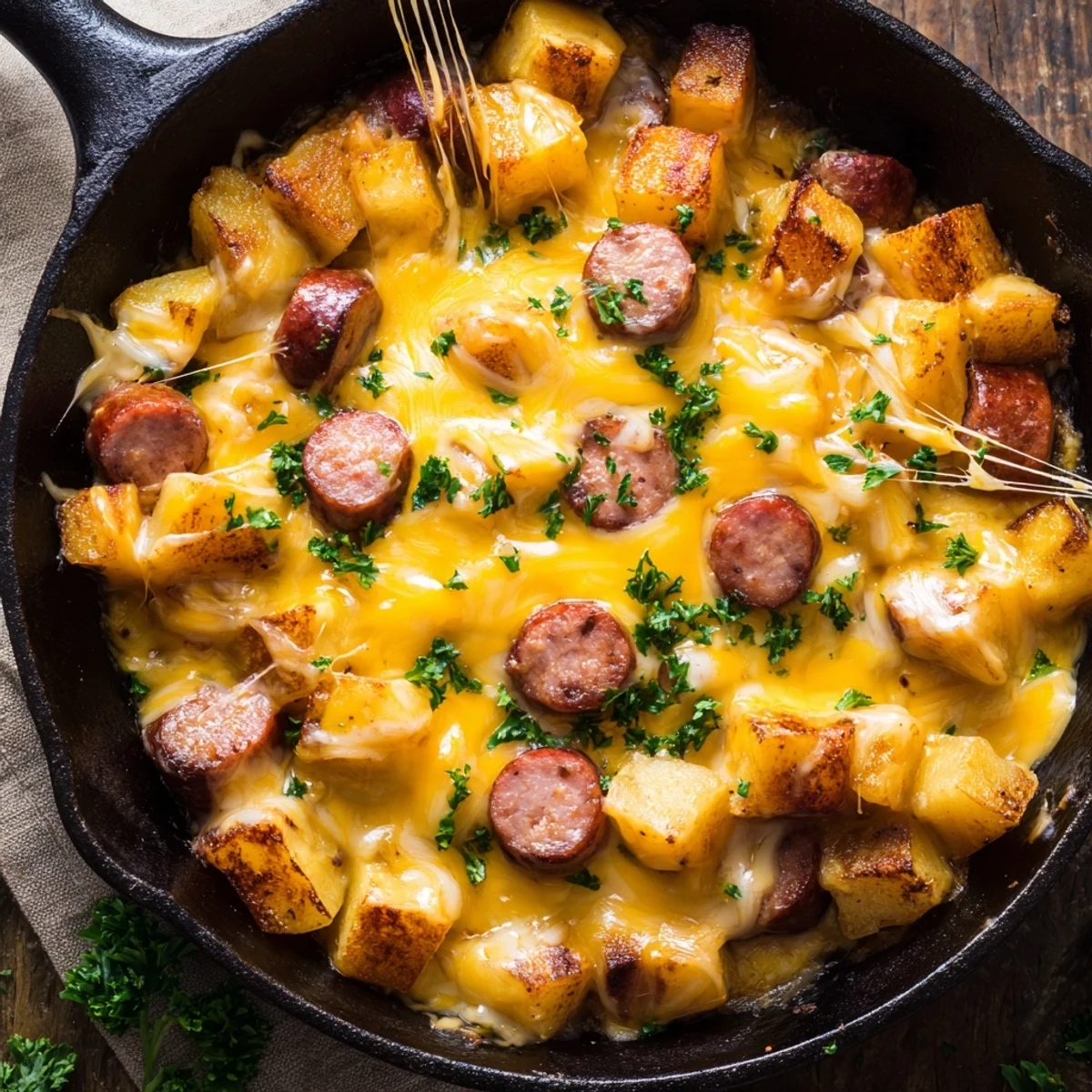 Hearty Cheesy Sausage and Potato Skillet Bake garnished with parsley on a rustic dinner table.