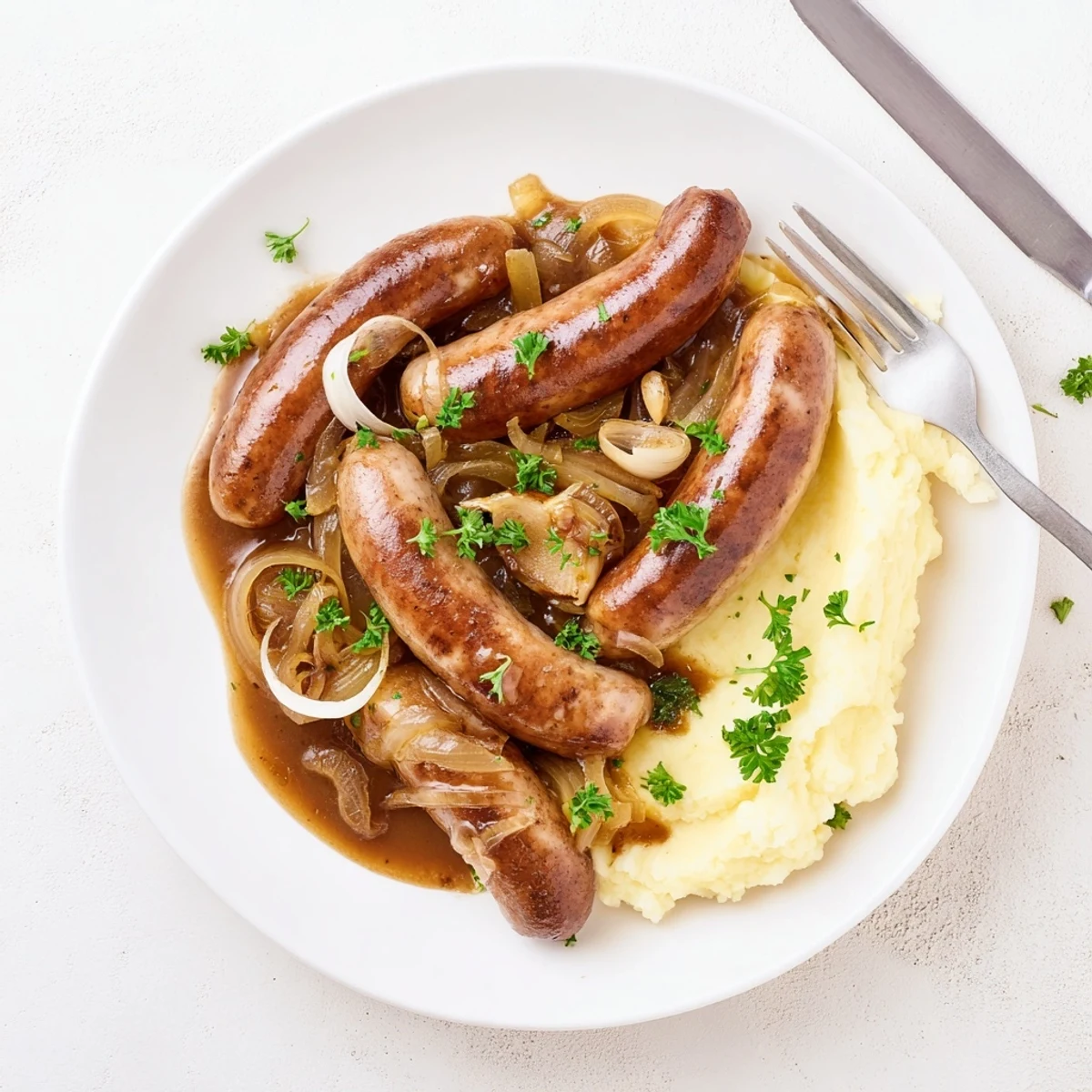Hearty Sausages in Onion Gravy served in a rustic dish, garnished with fresh parsley for a comforting dinner.