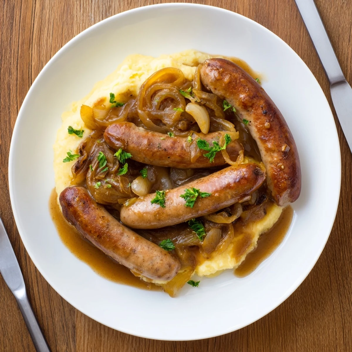 Sizzling sausages nestled in a thick, savory onion gravy, ready to be ladled over buttery mashed potatoes.