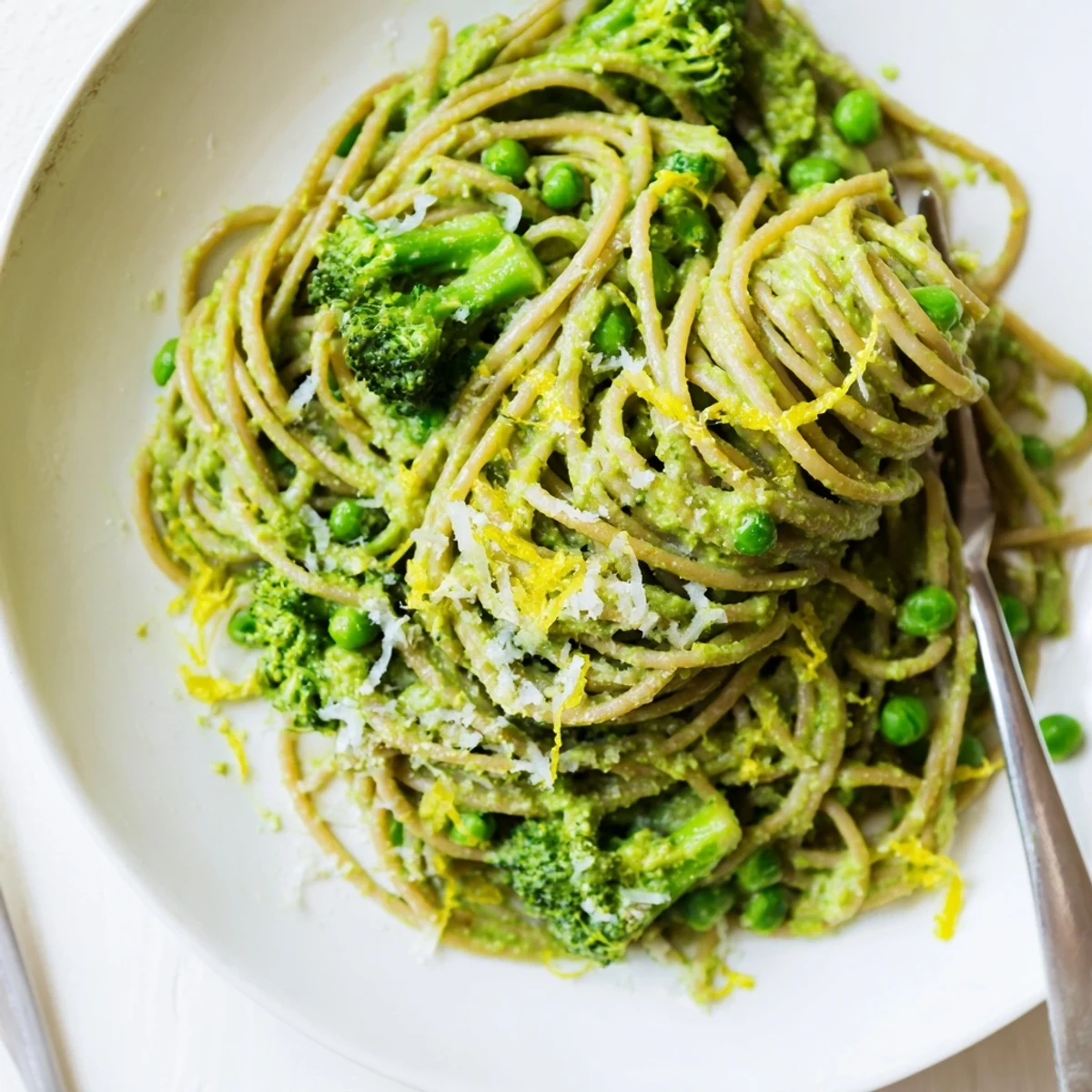 Vibrant Veggie Smuggler Avocado Pasta in a white bowl with avocado sauce, hidden zucchini and spinach, and a fork ready to twirl.