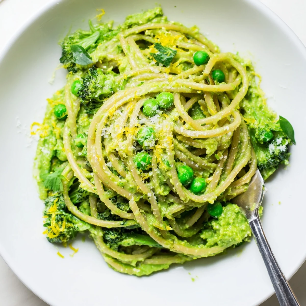 Serving suggestion for Veggie Smuggler Avocado Pasta featuring a bowl of creamy pasta garnished with fresh basil leaves and lemon zest.