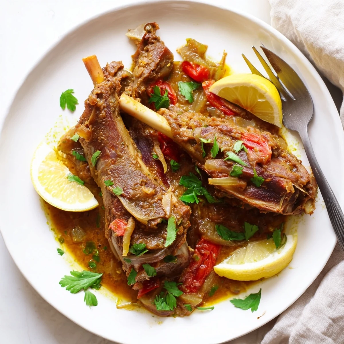 A close-up of Slow Cooked Indian Lamb Shanks glistening with a thick, spiced gravy, garnished with fresh cilantro and a squeeze of lemon.
