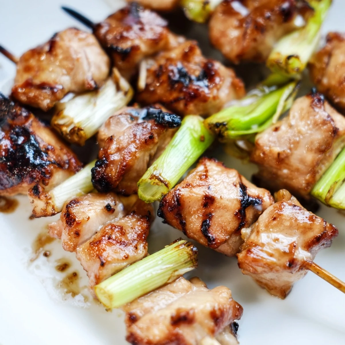 Savory Japanese Chicken Yakitori skewers, featuring tender chicken and scallions, arranged on a plate with extra dipping sauce.
