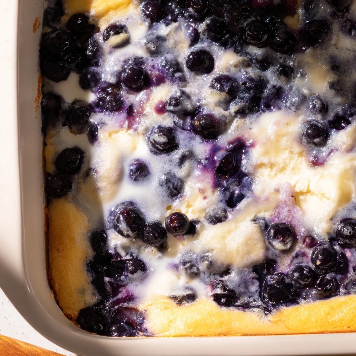 Warm Lemon Blueberry Cheesecake Dump Cake with a golden, buttery top is ready to serve with a dollop of whipped cream. 