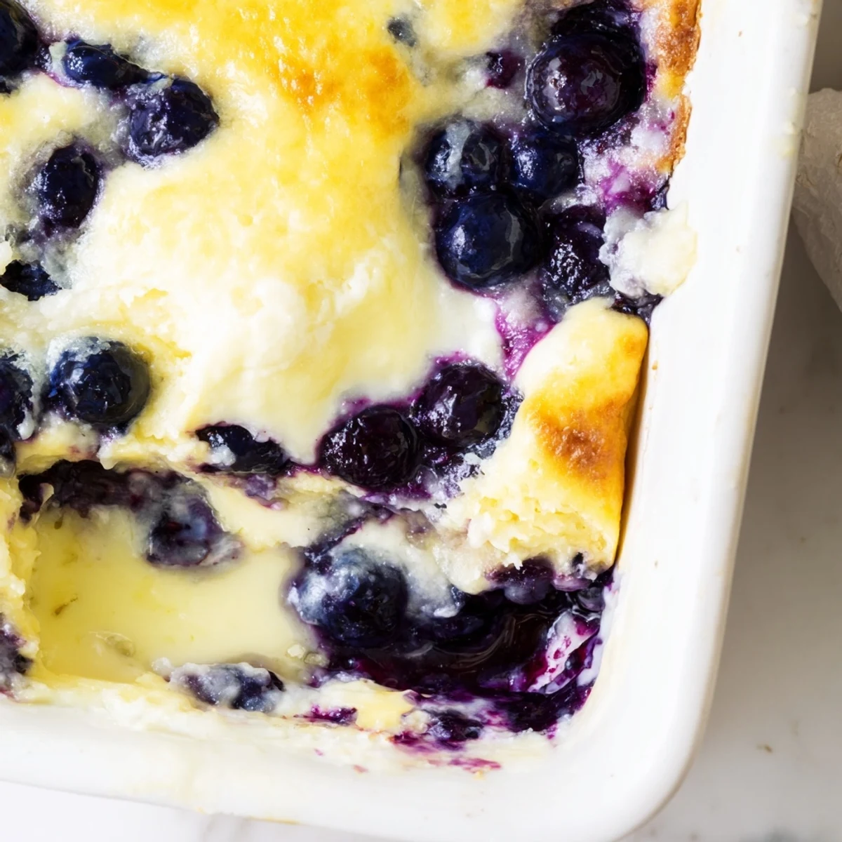 A slice of Lemon Blueberry Cheesecake Dump Cake reveals gooey blueberry filling and a cracked cheesecake layer. 