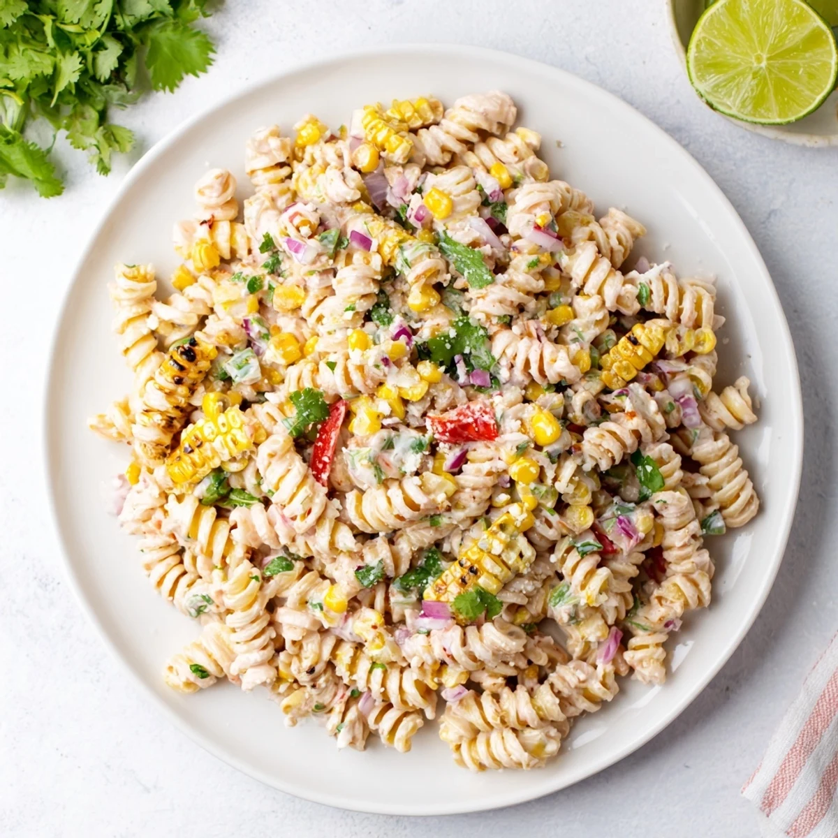 Vibrant pasta salad inspired by Mexican street corn, with creamy dressing, smoky paprika, and crumbled cotija cheese for a refreshing side dish.