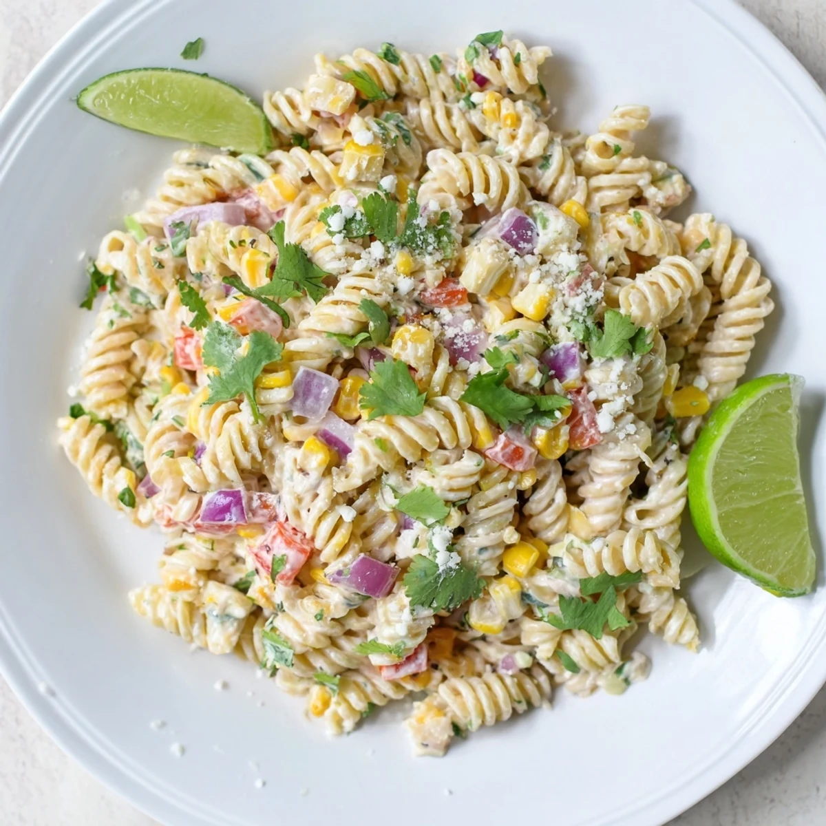 Colorful Juicy Street Corn Pasta Salad featuring sweet grilled corn, jalapeño, and cilantro, perfect for summer cookouts or picnics.  