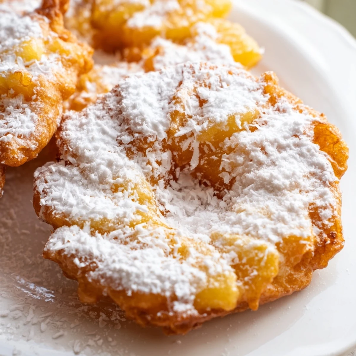 Crispy golden pineapple fritters with a tropical twist, dusted with powdered sugar for a sweet dessert treat.