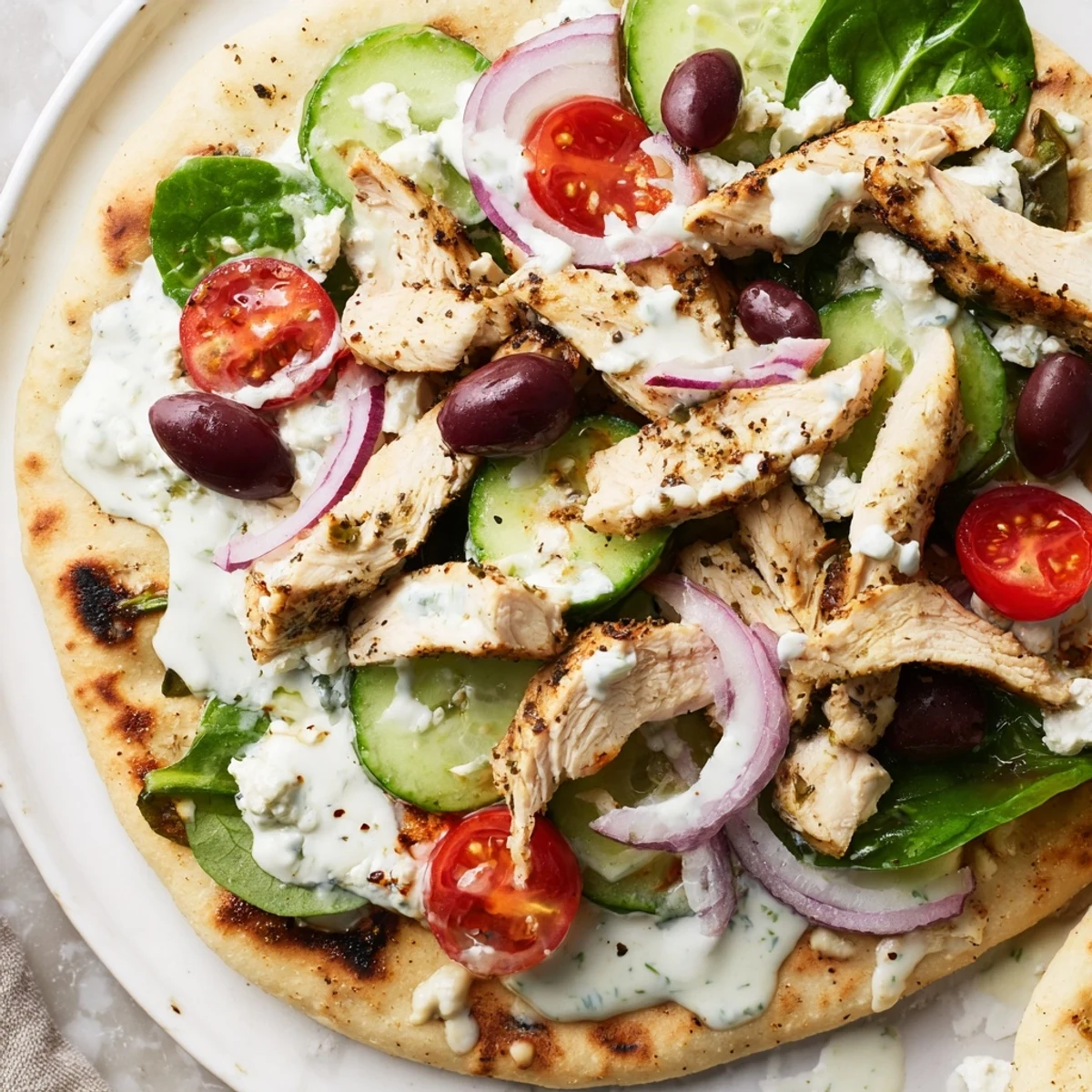 Greek Chicken Flatbread with marinated chicken, fresh veggies, and creamy tzatziki sauce on warm flatbread.  