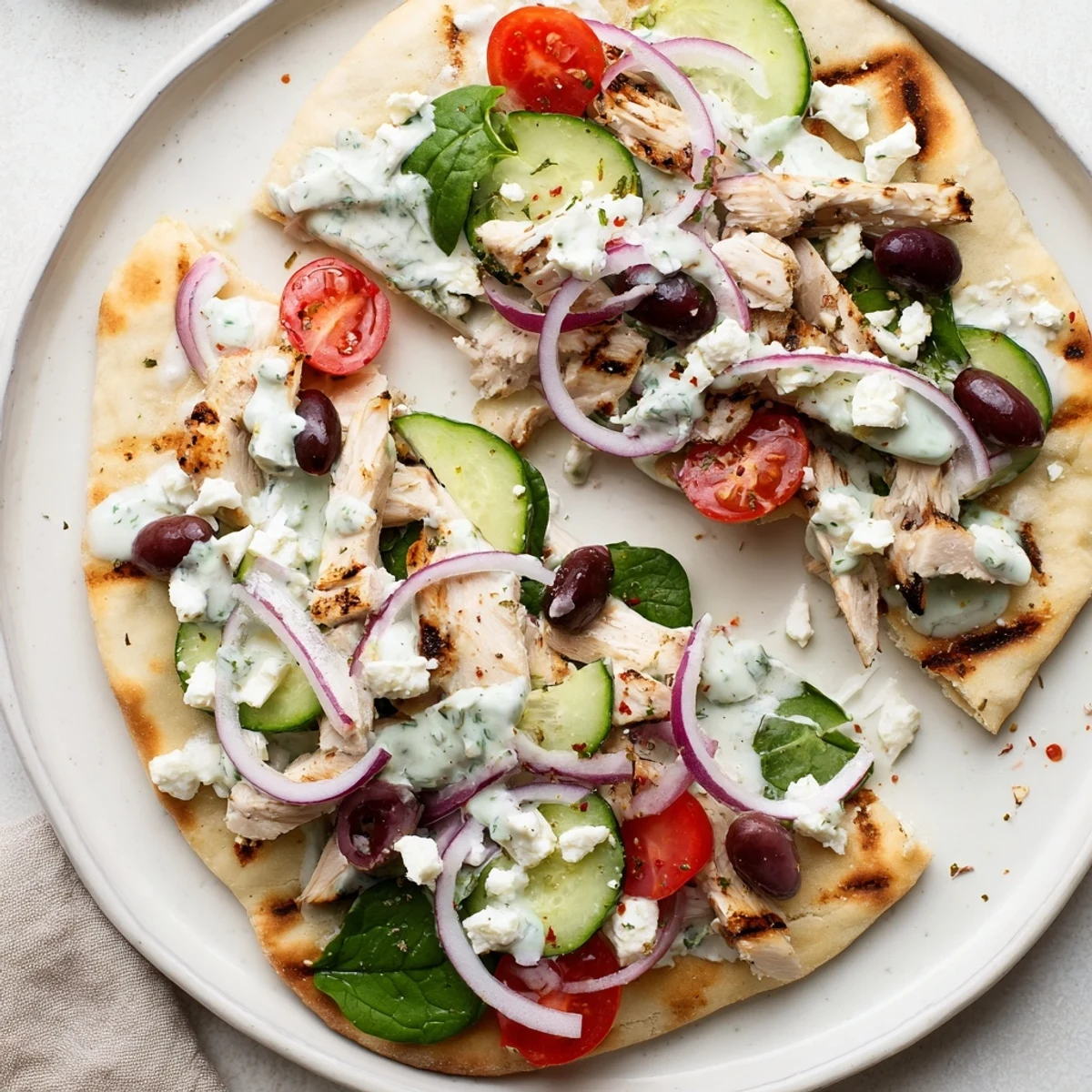 Flavorful Greek Chicken Flatbread loaded with juicy grilled chicken, crisp vegetables, and tangy feta cheese.  