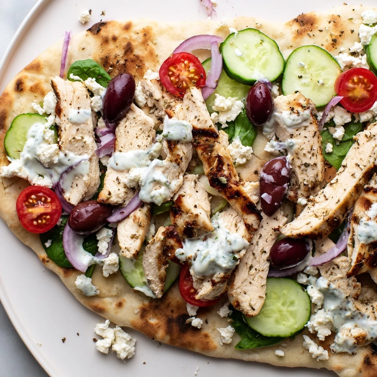 Homemade Greek Chicken Flatbread topped with fresh spinach, tomatoes, and a drizzle of homemade tzatziki.