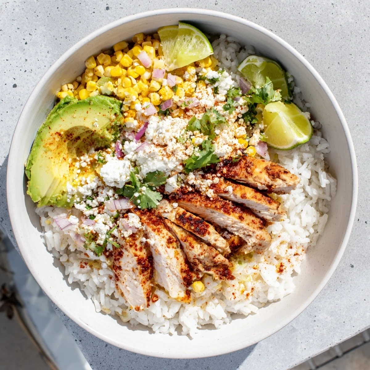 Juicy sliced chicken and zesty street corn make this Street Corn Chicken Rice Bowl a vibrant, gluten-free main dish.