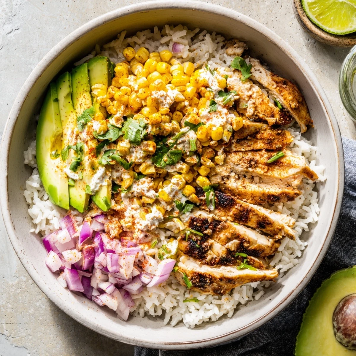 Assembled Street Corn Chicken Rice Bowl with cotija cheese, lime wedges, and red onion for a fresh finish.