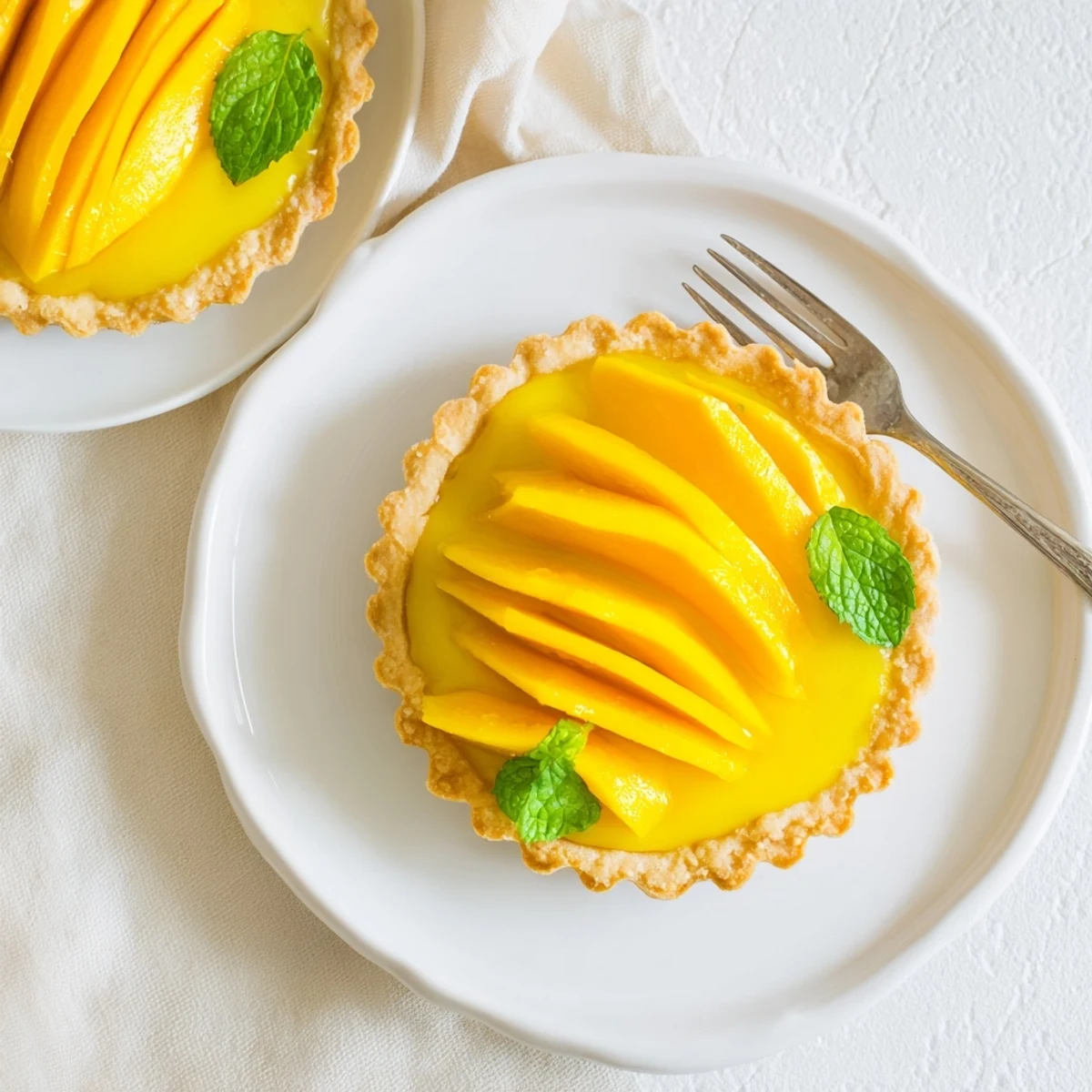 Vibrant mango curd tart with golden crust, topped with fresh mango slices and mint for a tropical dessert treat.