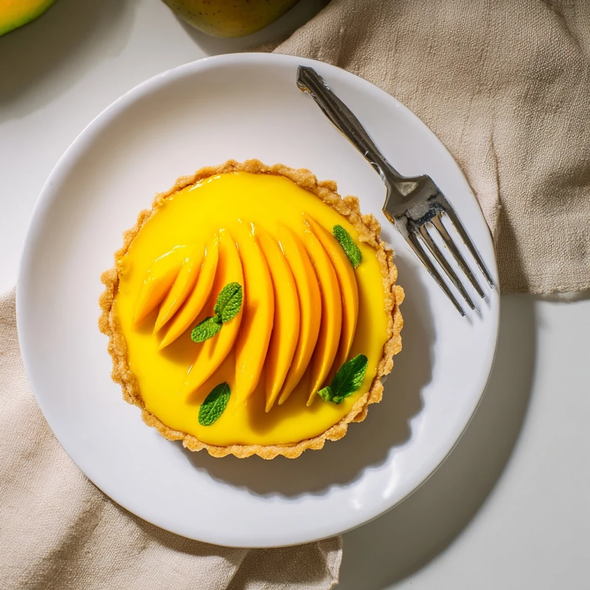 Silky mango curd nestled in a buttery tart shell, garnished with edible flowers for an elegant summer dessert.
