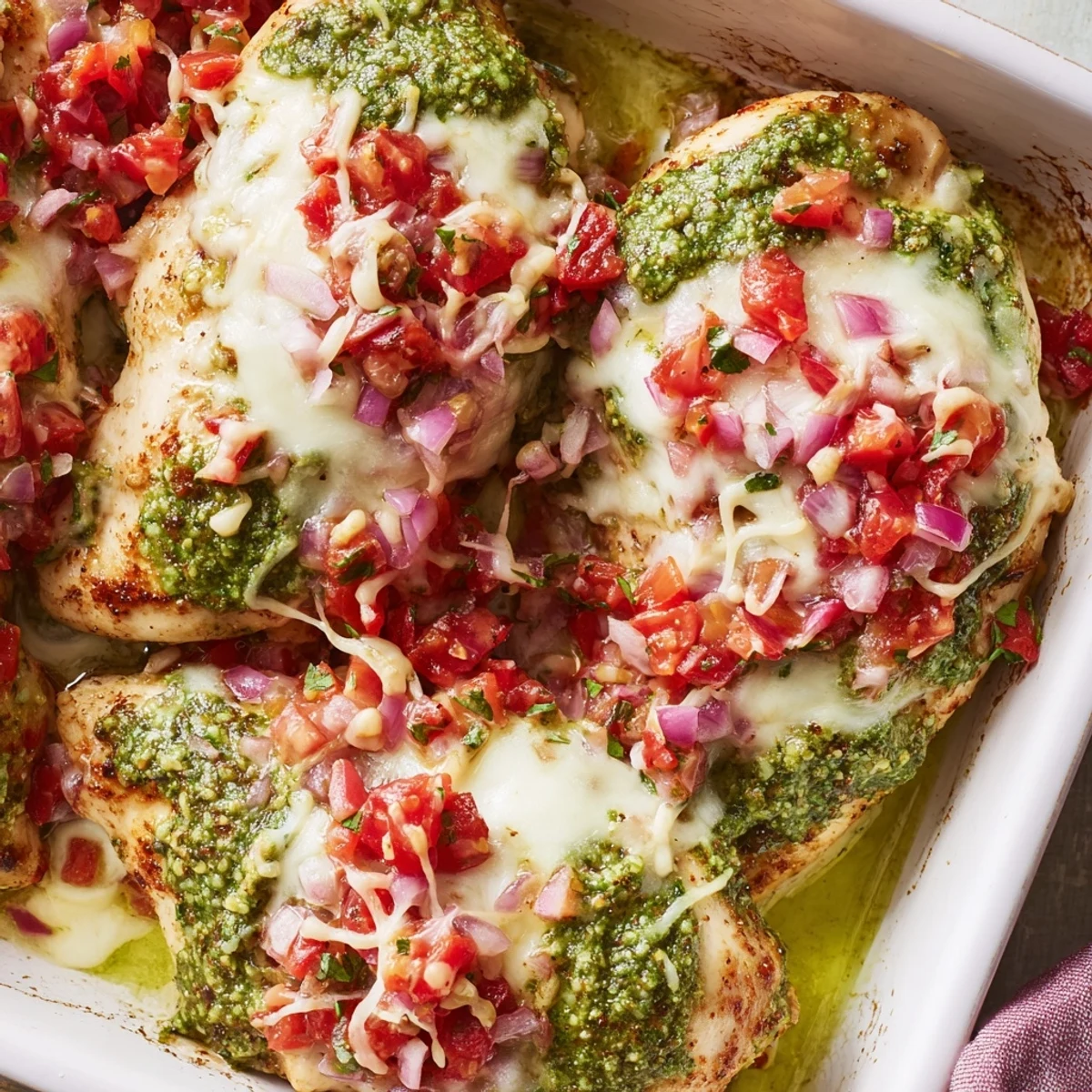 Freshly baked Pesto Bruschetta Chicken with melted mozzarella and vibrant tomato topping.