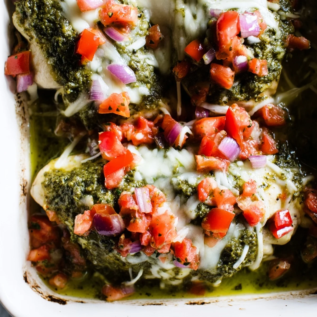 Savory Pesto Bruschetta Chicken served hot from the oven with a side salad.