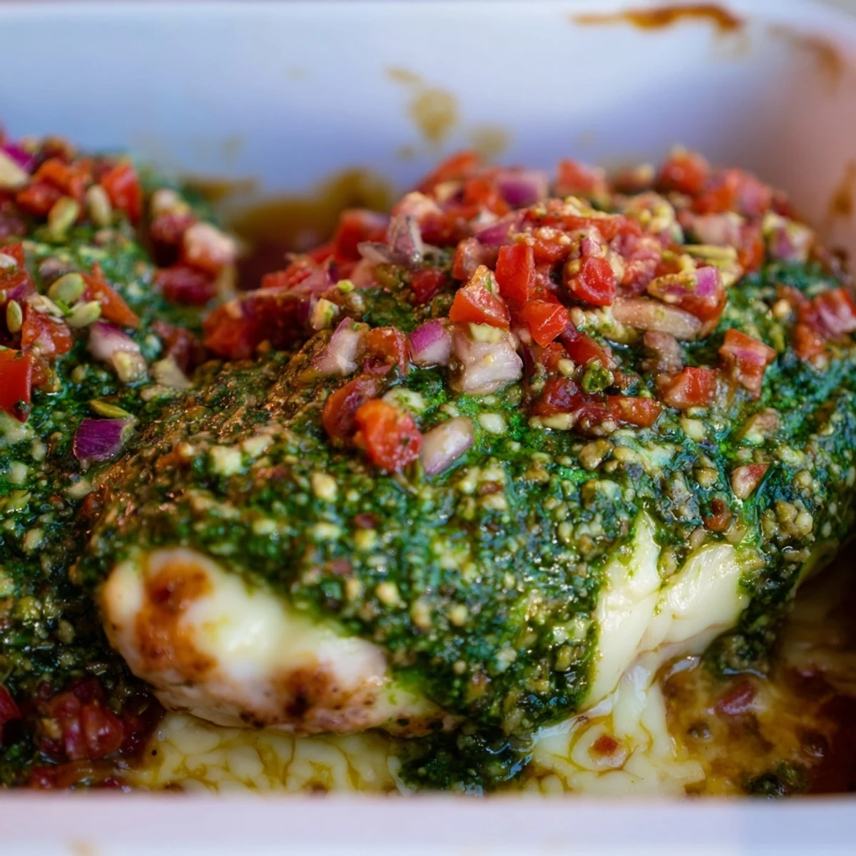 Juicy Pesto Bruschetta Chicken featuring colorful bruschetta and basil pesto on tender breasts.