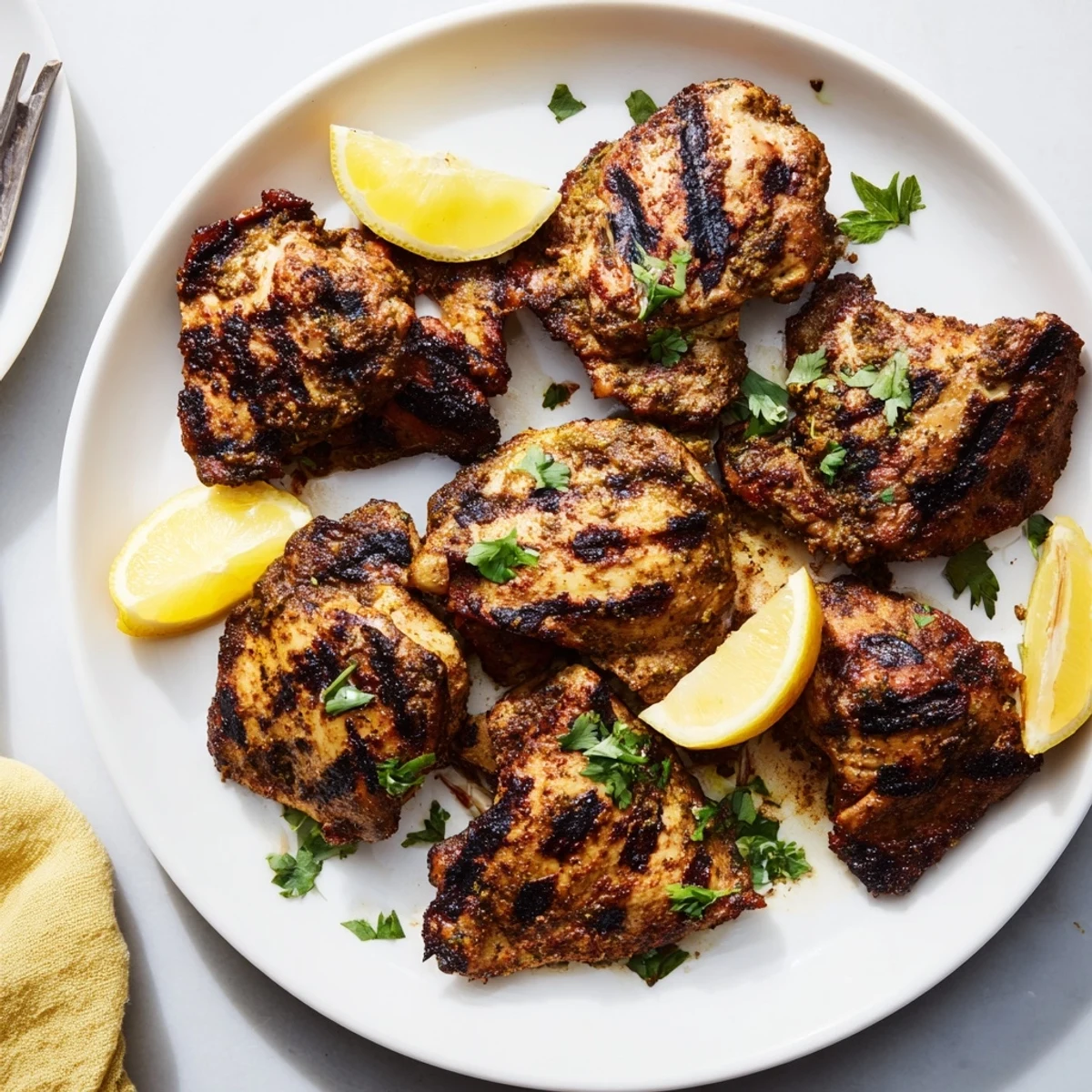 Golden brown grilled tandoori chicken pieces with charred edges and fresh cilantro garnish on a white plate