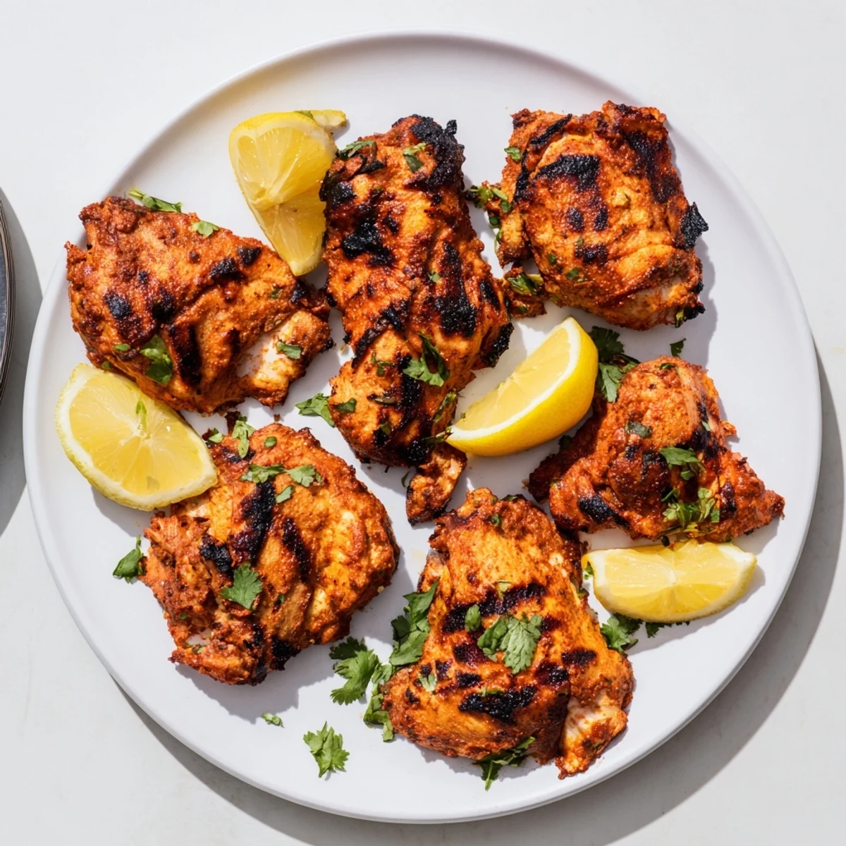 Tender yogurt-marinated chicken thighs grilled to smoky perfection with vibrant red spice coating and lemon wedges