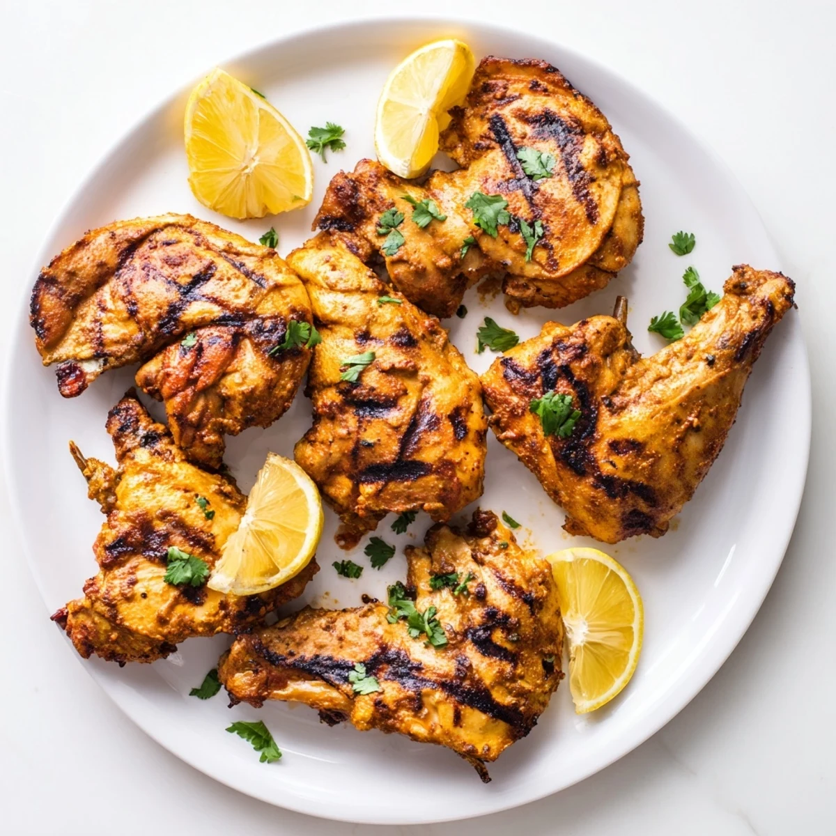 Char-grilled Indian spiced chicken resting on a platter with glistening yogurt marinade and green cilantro sprinkles