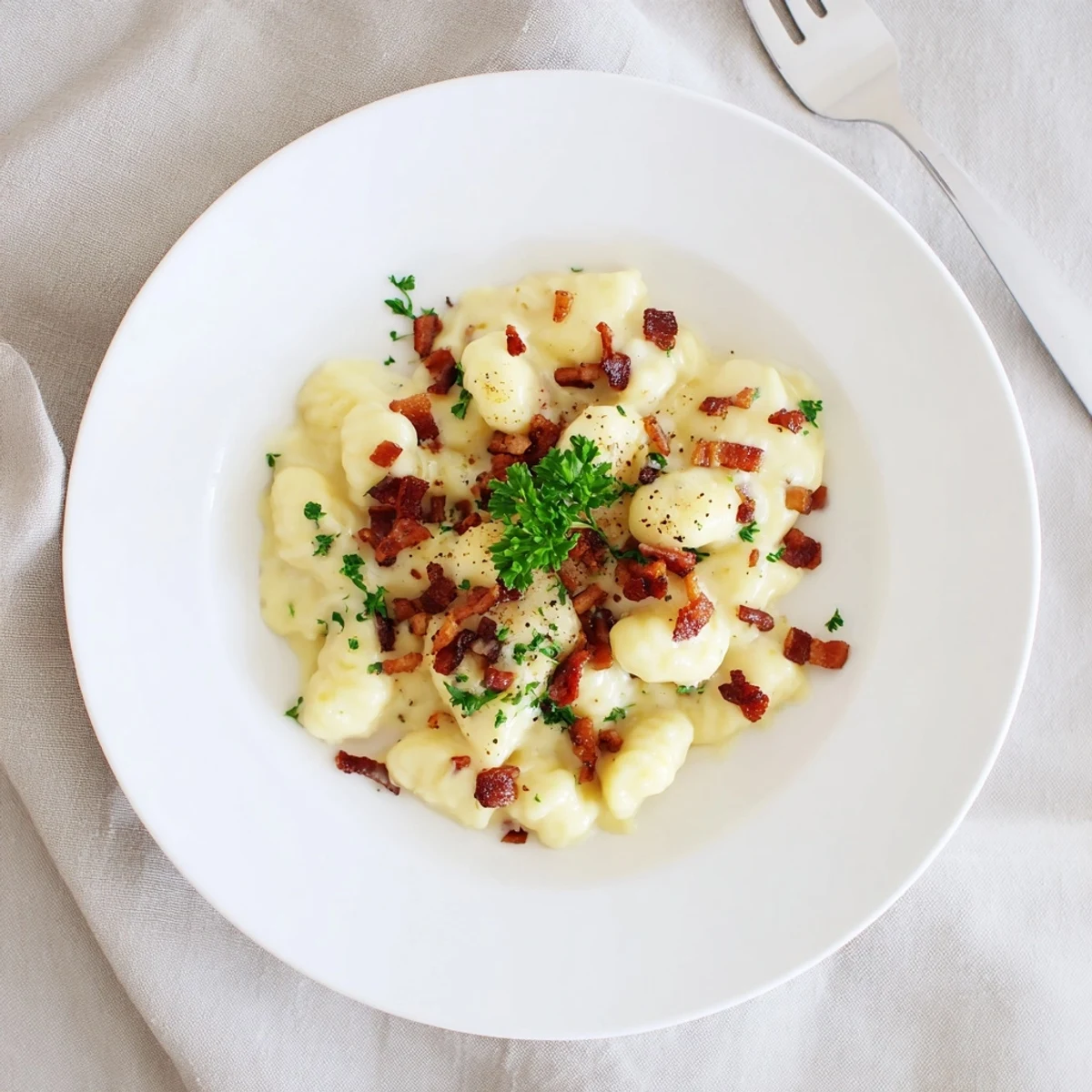 Golden gnocchi carbonara with crispy bacon and Parmesan cheese in a creamy sauce