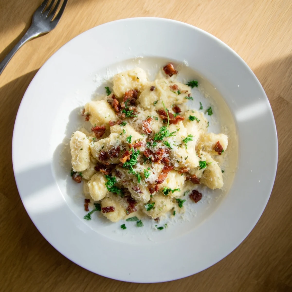 Plate of pillowy gnocchi carbonara tossed with savory bacon and freshly grated Parmesan