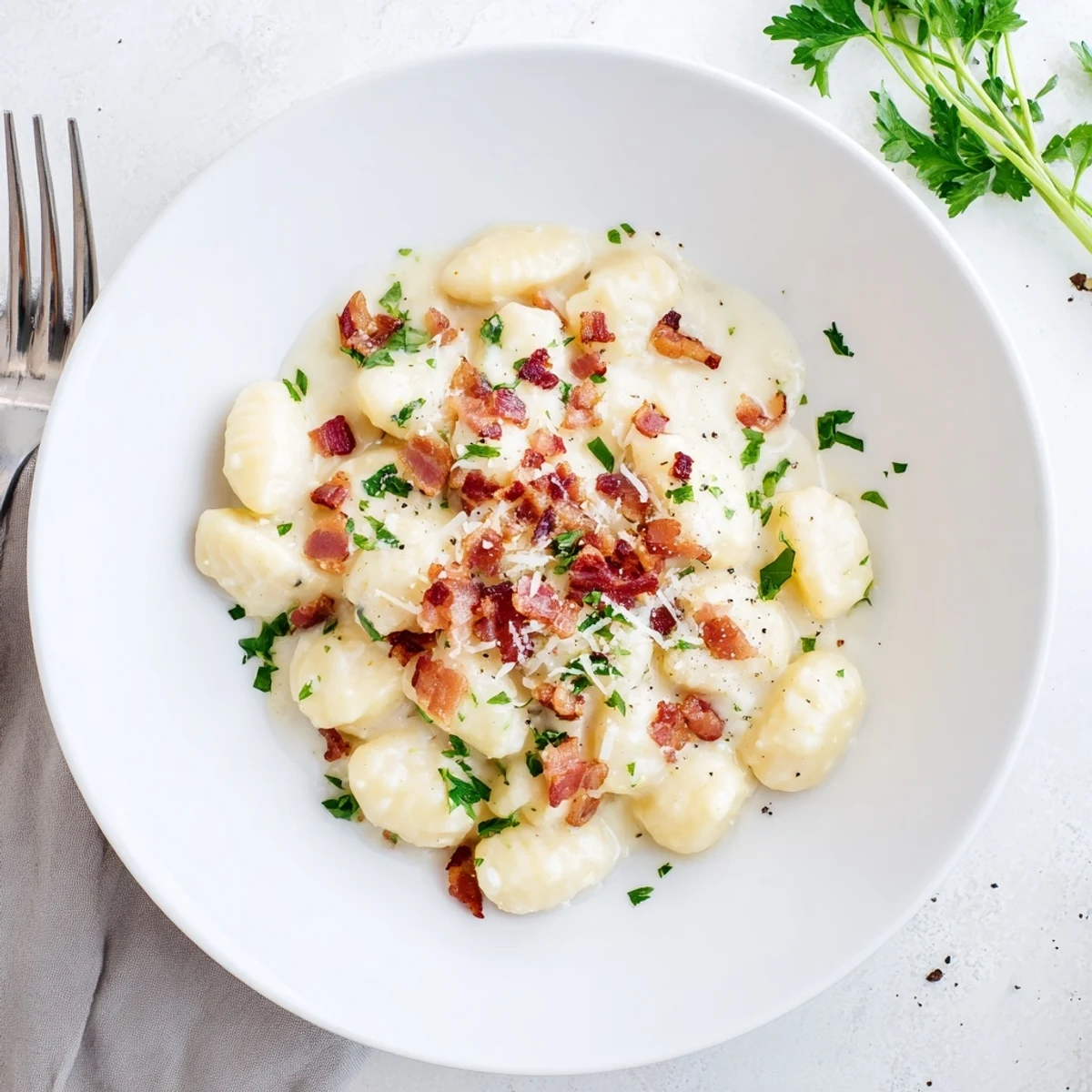 Creamy carbonara gnocchi with crispy bacon pieces and melted Parmesan topping