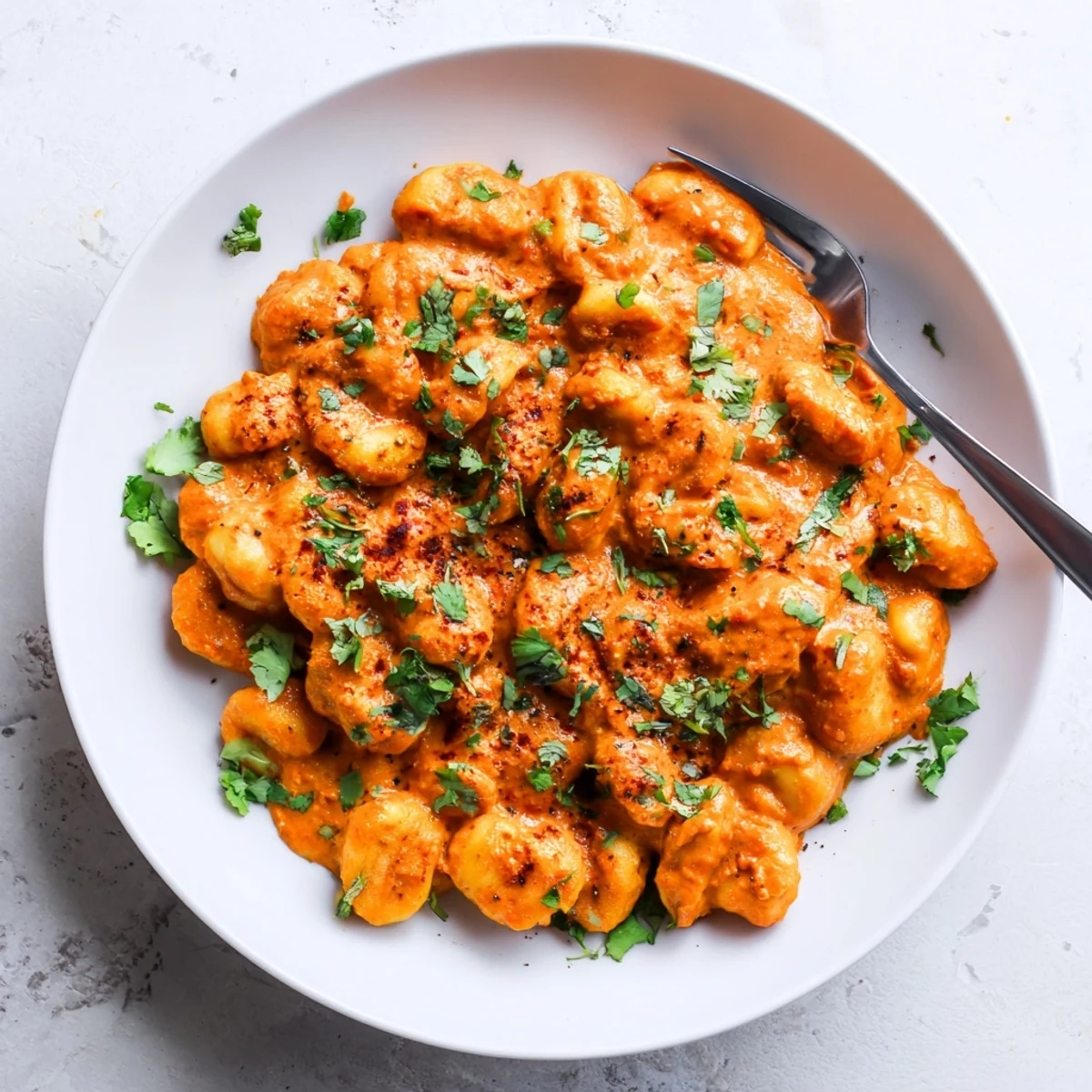 Golden potato gnocchi coated in aromatic Indian tikka masala sauce served in a white ceramic bowl